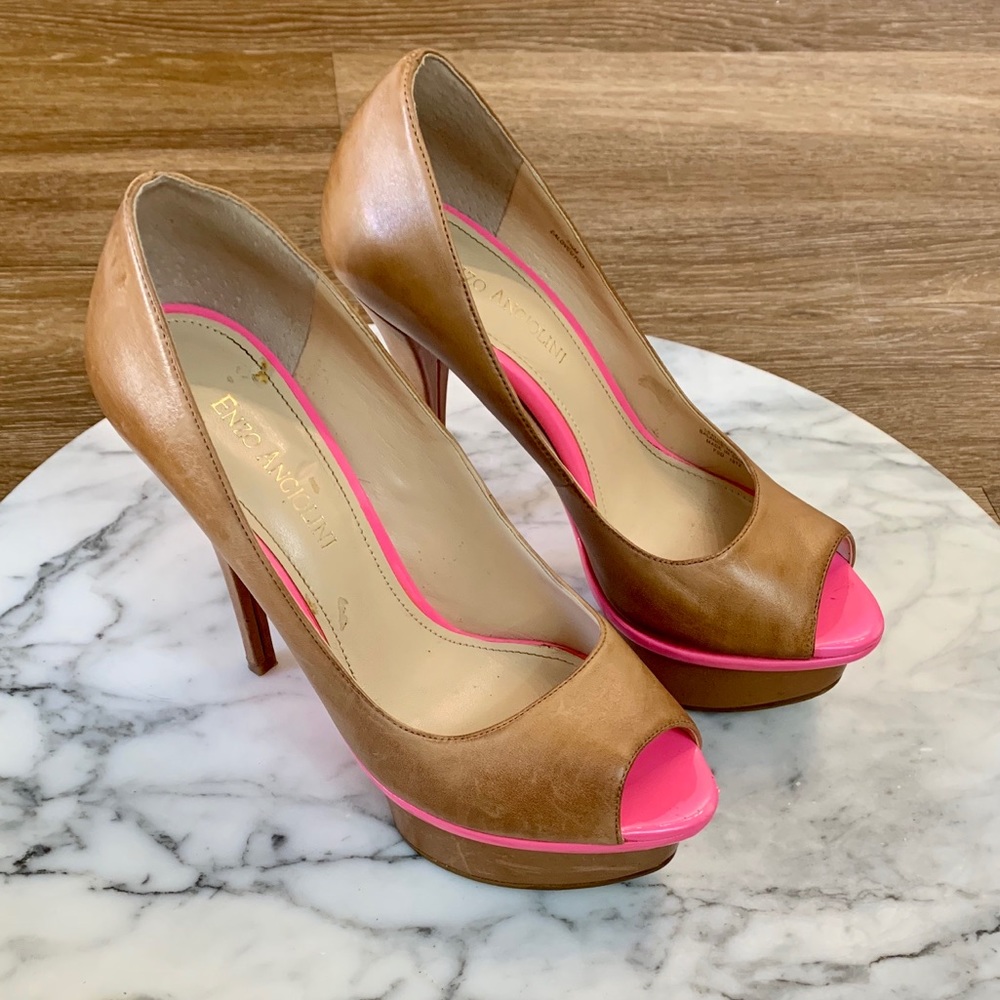 Enzo Angiolini Tan + Pink Peep Toe Platform Heels